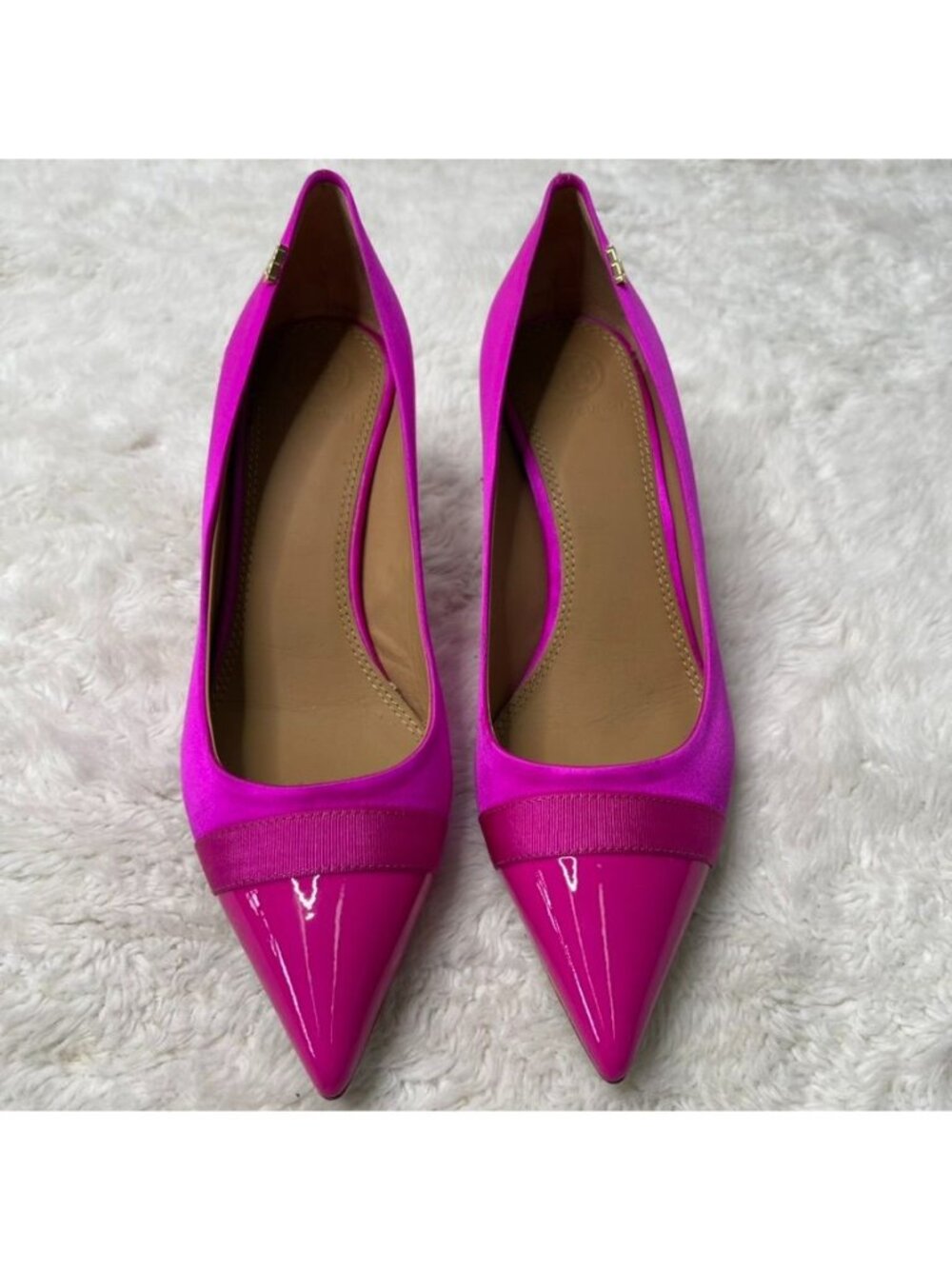 Tory Burch Pumps Size 6.5 Pink Satin Patent Cap Toe Pointed Heels 3 Inch